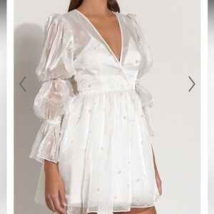 White pearl dress- SOLANNA MINI DRESS - LONG PUFF SLEEVE V NECK DRESS IN WHITE